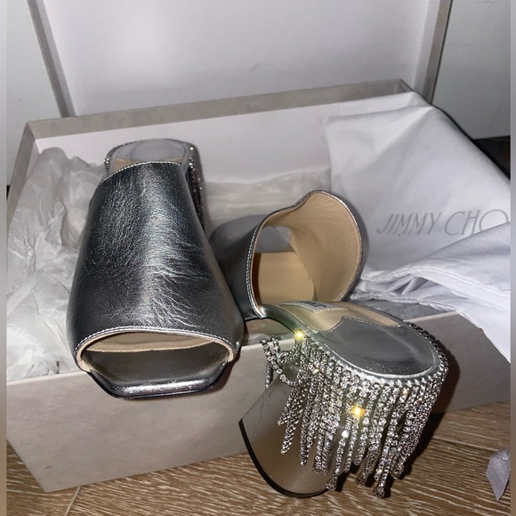 JIMMY CHOO
Baia 100 crystal-embellished metallic leather mules (SILVER) - Picture 3 of 10